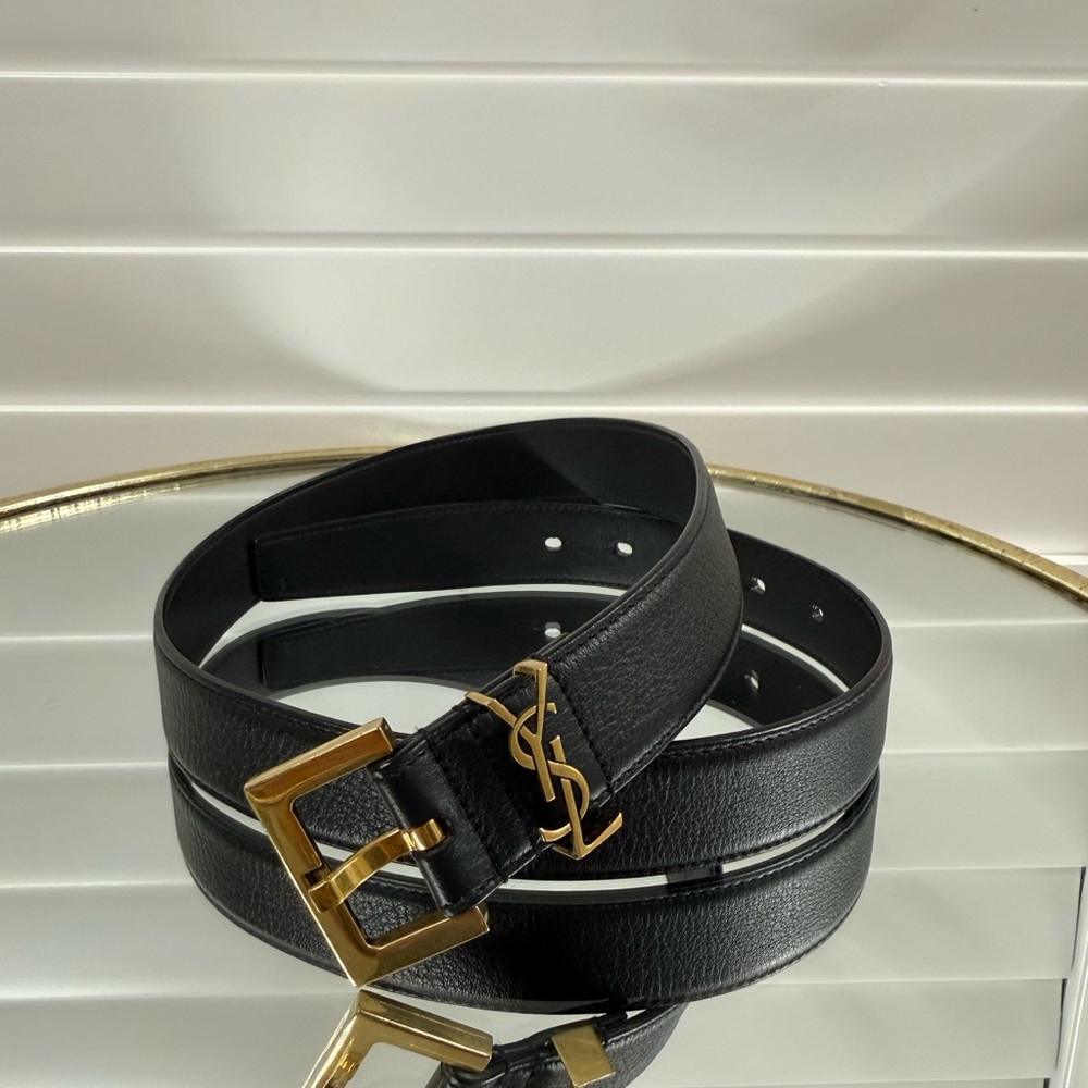 Saint Laurent Monogram Black Leather Belt with Gold Buckle